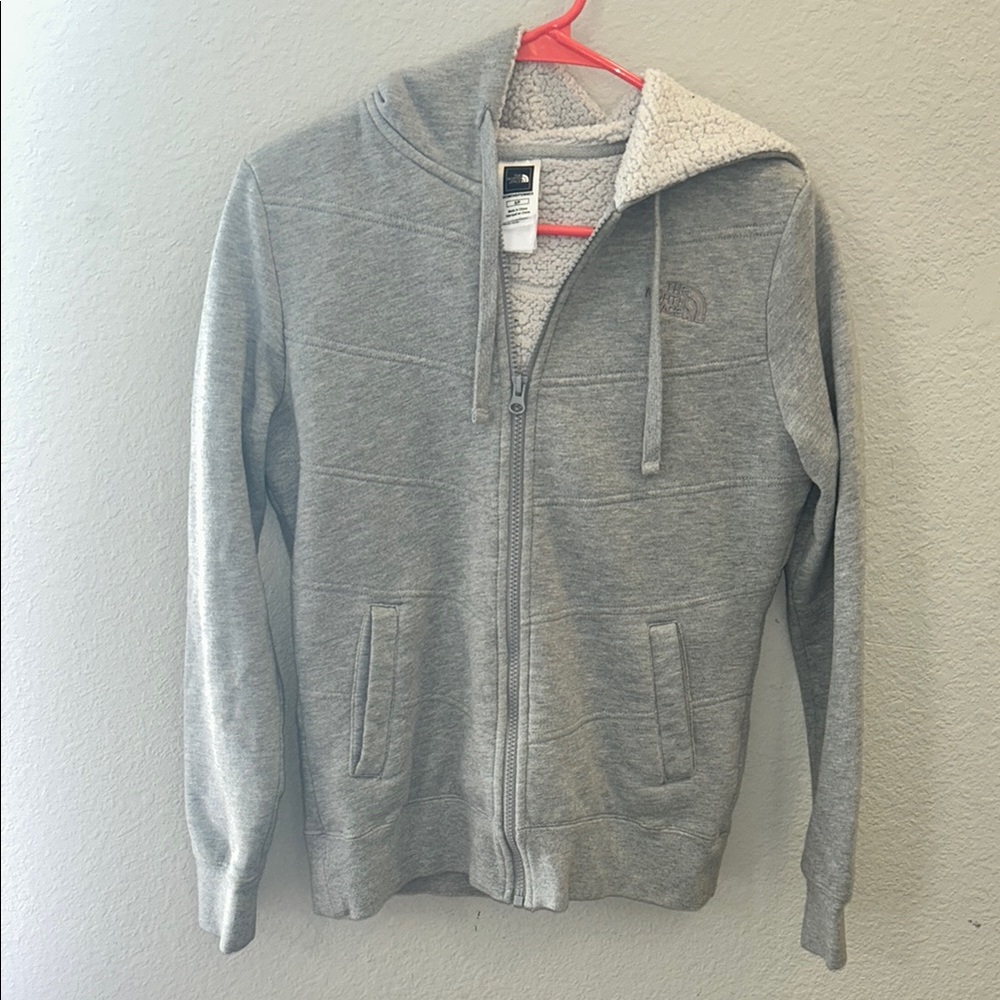 Gray Zip Up Sweater with Ribbed Cuffs and Hood